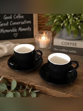 2 Black & White "Certified International" Espresso/Cappuccino Cups with Saucers